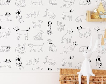 Mixed Breed Dog Wallpaper, Cartoon Puppy Peel and Stick Mural (Kids Room)