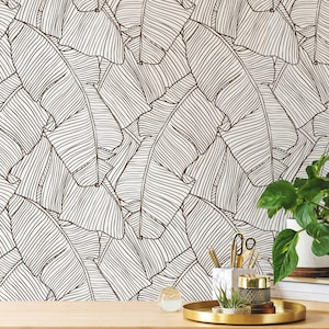 Large Banana Leaf Wallpaper, Monochrome Peel and Stick Removbale Wallpaper, Modern Palm Wallpaper, T002D