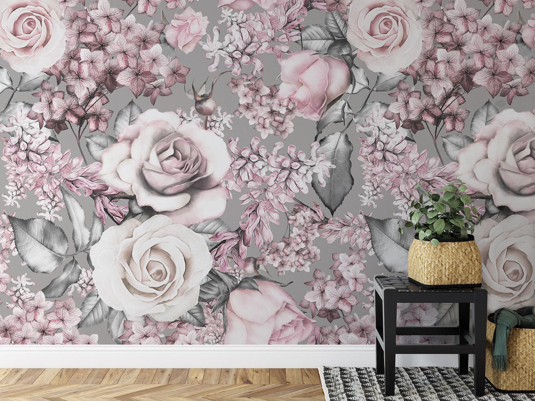 Grey and Pink Rose Flower Wallpaper, Botanical Floral Peel and Stick ...