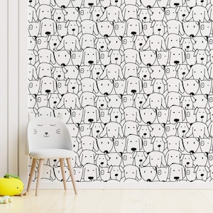 Black and White Cartoon Dog Wallpaper for Kids’ Room, Pet Doodle Wall Art for Puppy Lovers, Peel and Stick Animal Wall Mural for Nursery
