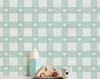 Sage Green Plaid Heart Wallpaper Removable Peel and Stick Decor