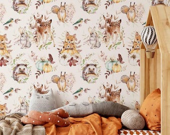Nursery Wallpaper in Peel and Stick Featuring Woodland Animal Removable Kids Room Decor