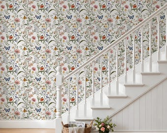 Wildflower Peel and Stick Wallpaper Butterfly Botanical Wallpaper English Garden Removable Wallpaper Neutral Floral Botanical Wallpaper B146
