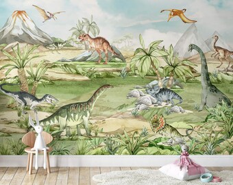 Dino Nursery Wallpaper Mural, Peel and Stick, Botanical Accents