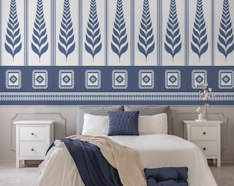 Blue and White Tropical Wallpaper, Botanical Leaf Peel and Stick - Vintage Nordic Pattern Wall Mural, Accent Wall Decor