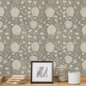 Boho Abstract Lotus Floral Wallpaper, Botanical Wall Art, Peel and Stick (Mural)