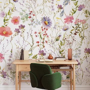 Colorful and Vibrant Floral Wallpaper for Home Decor, Multicolor Flowers Wall Art with Beige Background, Removable, Self-Adhesive Wall Mural