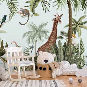 Jungle Safari Animals Wallpaper with Tropical Forest Animal Mural Wall Cover Roll of Flamingo Giraffe Monkey for Kids Room Playroom