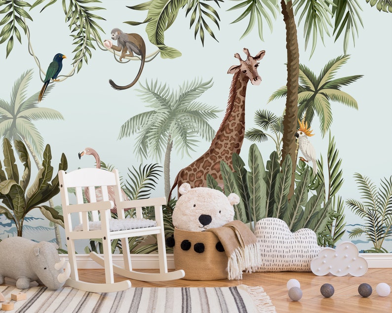 Jungle Safari Animals Wallpaper with Tropical Forest Animal Mural Wall Cover Roll of Flamingo Giraffe Monkey for Kids Room Playroom