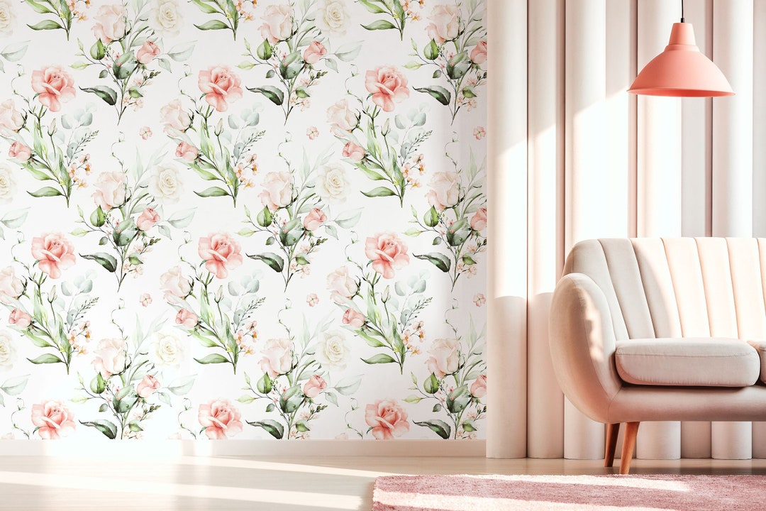 Bright Pink Floral and Light Green Peel and Stick Wallpaper With Rose ...
