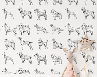 Dog Line Art Black & White Wall Sticker | Peel and Stick Removable Prepasted Wallpaper | Pet Wall Mural for Animal Lover and Kids Room Decor