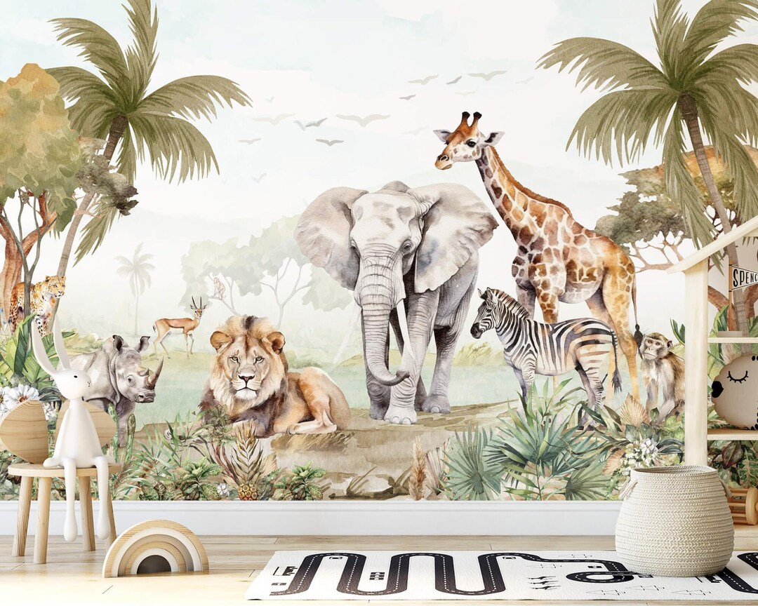 Safari Jungle Animals Wallpaper Peel and Stick Tropical Cartoon Mural ...