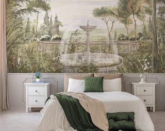 Vintage Garden Fountain Wallpaper, Antique Floral Mural, Peel and Stick