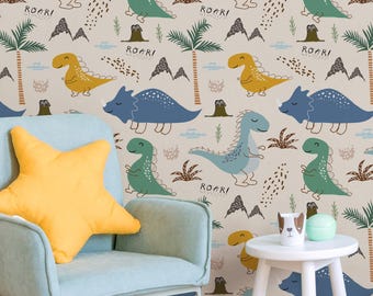 Dinosaur Whimsical Wallpaper Dino Wallpaper Peel and Stick Mural Kids Room Decor