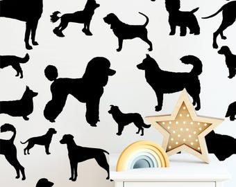 Black Dog Wallpaper, Minimalist Mixed Breed Wall Decal, Nursery Decor