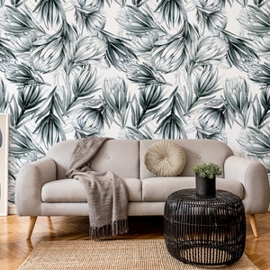 Custom Tropical Plants Removable Wallpaper | Modern Floral Botanical Wallpaper Made Handcraftly For Living Room, Bathroom, Restaurants