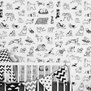 Mixed Breed Dog Wallpaper, Dog Doodle Wallpaper for Kids Room, Black and White Dog Self Adhesive Wall Sticker, Peel and Stick Wall Mural