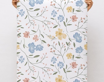 Selbstklebende Blumentapete, Blumenrankentapete, Aquarelltapete, blaue Blumentapete, Wanddekoration im englischen Gartenstil für das Wohnzimmer