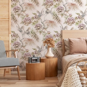 Floral Lilac Flower with Birds Custom Wallpaper | Exotic Traditional Pastel Removable Wallpaper For Kitchen, Bedroom, Living Room | Vinyl