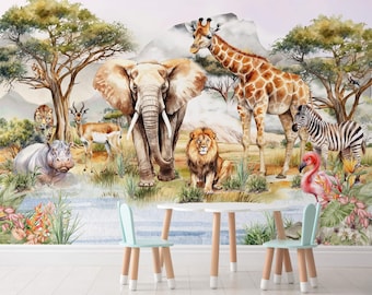 Safaridieren Jungle muurschildering behang, Peel and Stick decoratie kinderkamer