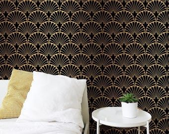 Black Gold Geometric Palm Leaf Wallpaper Art Deco Peel and Stick Removable