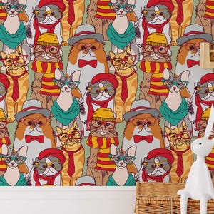 Cat Funny Colorful Seamless Pattern Wallpaper | Cute Animal Drawing Lover Wall Mural | Mixed Breed Cat Design Peel and Stick Wall Stricker
