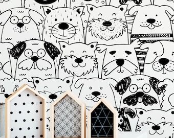 Black and White Dog Sketch Wallpaper | Peel & Stick Wallpaper of Pet Wall Art for Dog Lovers | Perfect for Nursery and Kids Room Decor