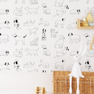 Mixed Breeds Dog Wallpaper, Peel and Stick Puppy Wallpaper, Removable Self-Adhesive Cartoon Dog Mural for Animal Lovers, Kids Room Wallpaper