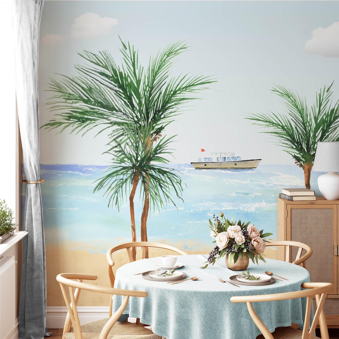 Tropical Beach Wall Mural – Palm Trees & Ocean Wallpaper - Etsy