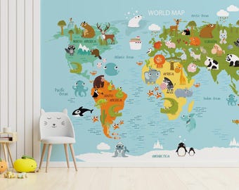 Carta da parati per cameretta con mappa del mondo degli animali, educativa, autoadesiva, decorazione per la cameretta dei bambini.