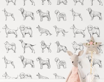 Black and White Dog Print Wallpaper Line Art Animal Wall Mural Kids Room Decor