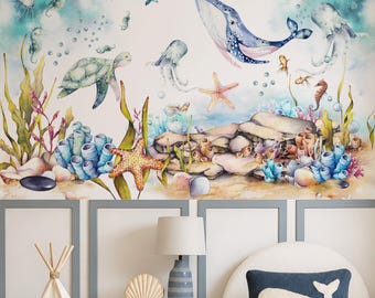 Under the Sea Wallpaper Ocean Animals Nursery Wallpaper Under Water Peel and Stick Mural Playroom Wall paper Whale Kids Room Turtle Mural