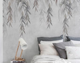 Grey Leaves Peel and Stick Wallpaper, Botanical Wall Mural