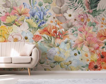 Pastel Watercolor Large Floral Wallpaper Mural, Botanical Flower Wall Art, Soft Romantic Floral Wall Decor, Living Room Bedroom Accent Wall