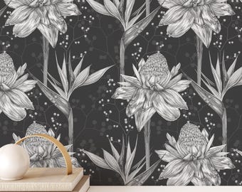 Large Botanical Floral Wallpaper  Black White Peel and Stick Wall Mural Removable Vinyl