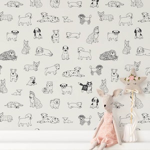 Peel and Stick Wallpaper, Self-Adhesive Dog Themed Wallpaper, Black and White Wallpaper for Home Decor, Puppy Dog Wallpaper For Kids Room