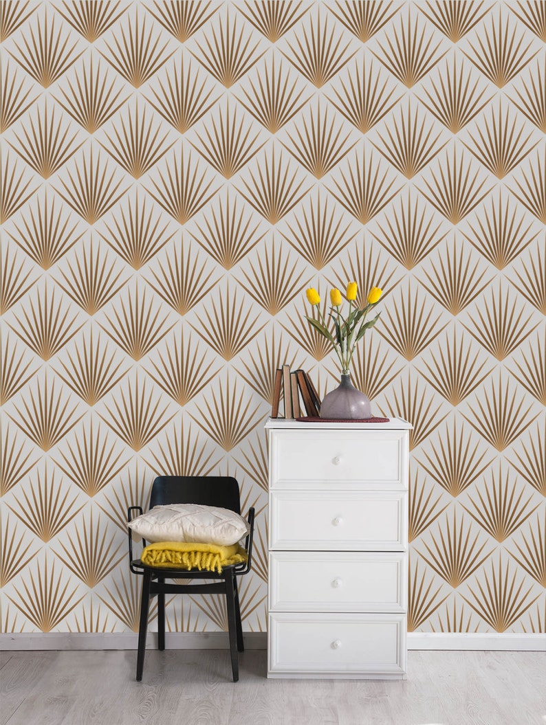 Geometric Wallpaper Living Room Poster Golden Leaf Decor Etsy