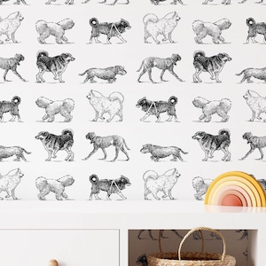 Black and White Mix Breed Dog Sketch Wall Mural | Cute Pet Lover Dog Print Self Adhesive Wallpaper Roll | Peel & stick kidroom Wall sticker