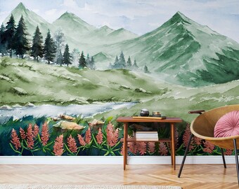 Watercolor Mountain Wall Mural - Scenic Green Hills and River Peel and Stick, Nature-Inspired Adhesive Wallpaper