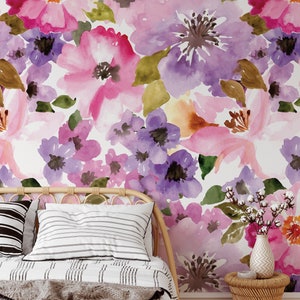 Violet Luxury Botanical Wallpaper, Lilac & Lavender Watercolor Wallpaper, Cute Purple Wallpaper for Living Room, Bedroom Floral Wallpaper