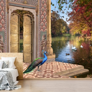 Indian Peacock Peel and Stick Wallpaper with Ethnic Accent Removable Wallpaper for Botanical Bird Mural Vinyl Nature Wall Art Vintage Decor