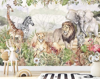 Behang bohosafari jungledieren: verwijderbare kinderkamerdecoratie met peel-and-stick
