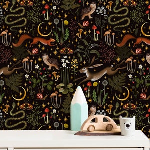 Nursery Peel & Stick Wallpaper - Unique Removable Owl, Squirrel, Rabbit Design For Kids Room, Playroom - Modern Black Vinyl Waterproof