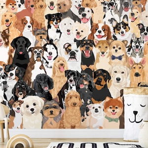 Mixed Breeds Group Dog Wallpaper Peel and Stick Wallpaper Removable Pre-Pasted Self-Adhesive Animal Dog Wallpaper by InspiringAbode