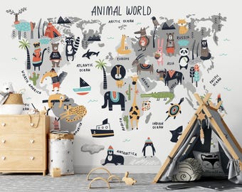 Carta da parati educativa con mappa del mondo per bambini, murale con animali per la cameretta, decorazione murale rimovibile.