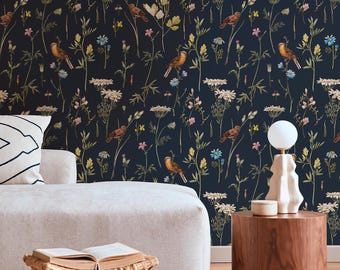 Dark Floral Birds Wallpaper, Elegant Botanical Night Garden Removable Wall Decor