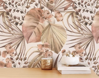 Tropical Wallpaper Neutral Boho Leaves Pattern Removable Wall Mural for Bathroom Bedroom Decor