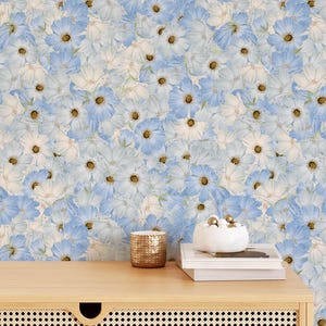 Peel and Stick Vinyl Wallpaper, Seamless Pattern Daisy Flowers Wallpaper, Elegant Blue Watercolor Theme Floral Wall Art for Bedroom Decor