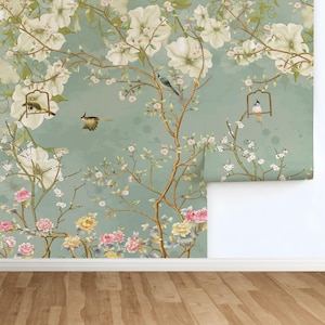 De Gournay Wallpaper Chinoiserie  Peel and Stick Wall Paper Cherry Blossom Wallpaper Mural Sage Green Mid Century Modern Wall Mural