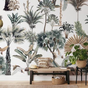 Reusable Wallpaper, Green Tropical Trees Wallpaper for Home Decor, Botanical Wallpaper, Living Room Wall Mural, Vintage Wallpaper Mural
